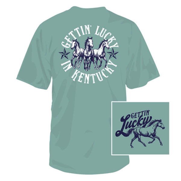 Aquatic green Palmetto Moon tee with galloping horses and “Gettin’ Lucky in Kentucky” text on back, small horse logo on front.