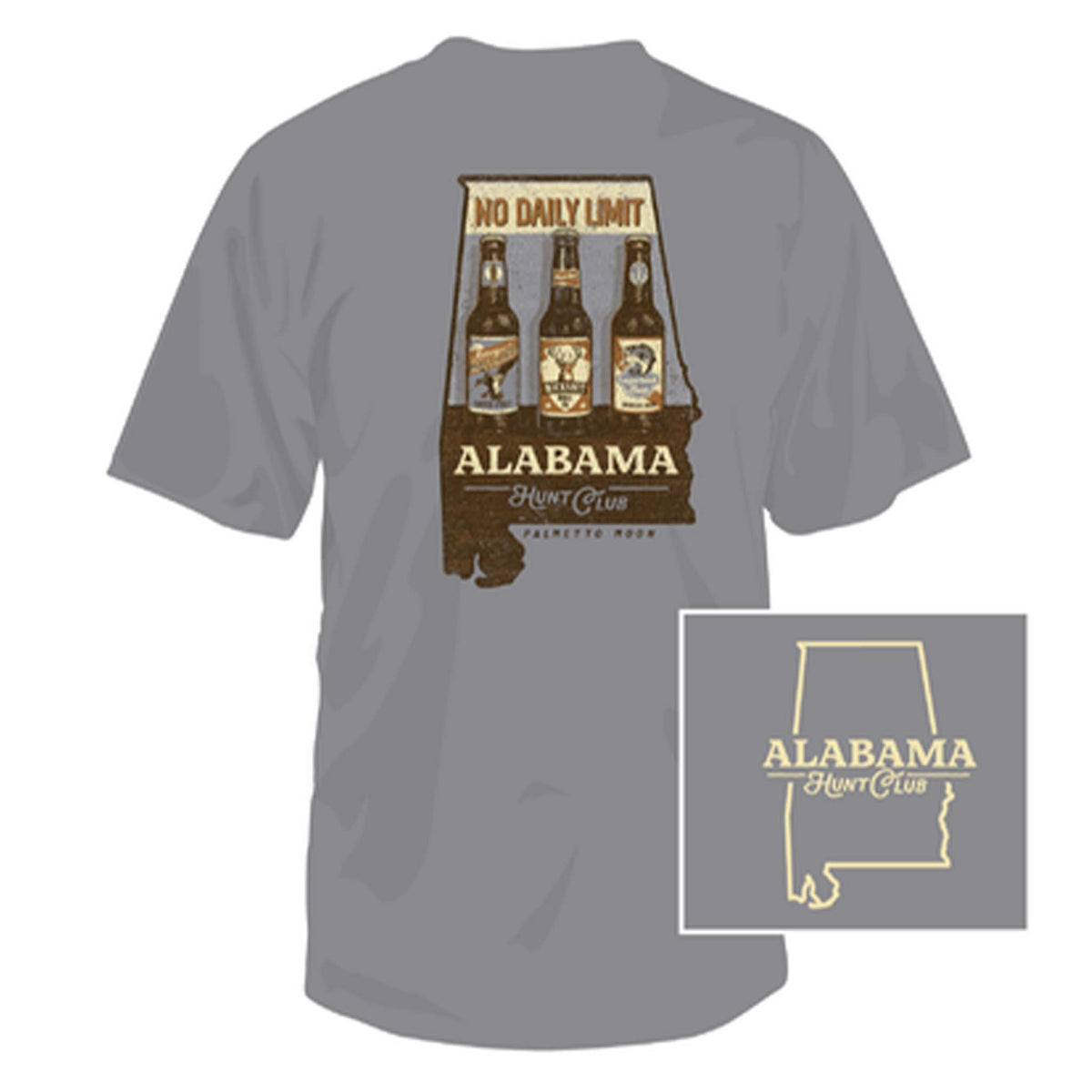 Gray Palmetto Moon tee with three beer bottles in Alabama outline and “No Daily Limit Alabama Hunt Club” text on back, small state logo on front.