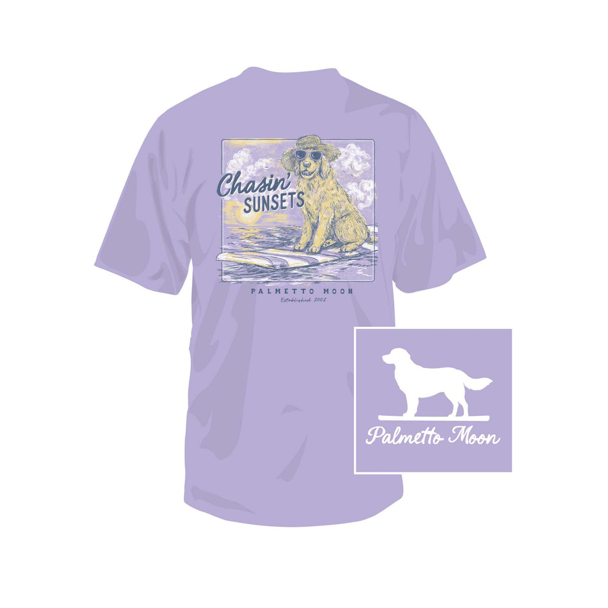 Palmetto Moon Youth “Chasin’ Sunsets” Short Sleeve T-Shirt in Lavender back view featuring a dog wearing sunglasses sitting on a surfboard at sunset with coastal artwork and Palmetto Moon text, plus front chest logo detail inset.