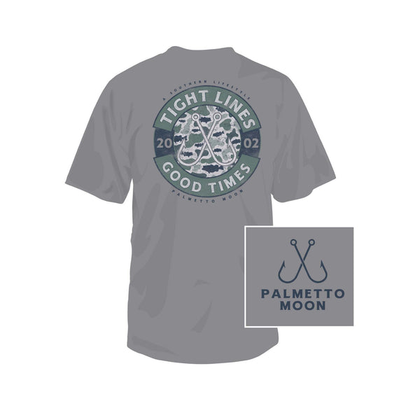 Palmetto Moon Youth “Tight Lines Good Times” Short Sleeve T-Shirt in Grey back view showing circular fishing-inspired graphic with crossed hooks, camo accents, and Palmetto Moon text, plus front chest logo detail inset.