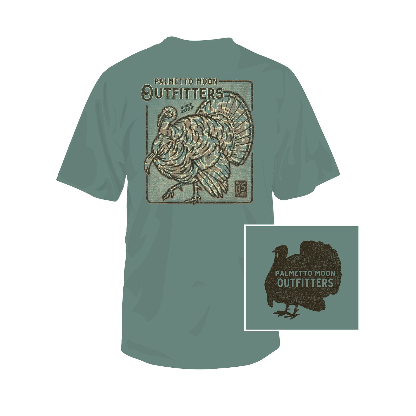 Green t-shirt with a camo-filled turkey graphic and 'Palmetto Moon Outfitters' text on a white background.
