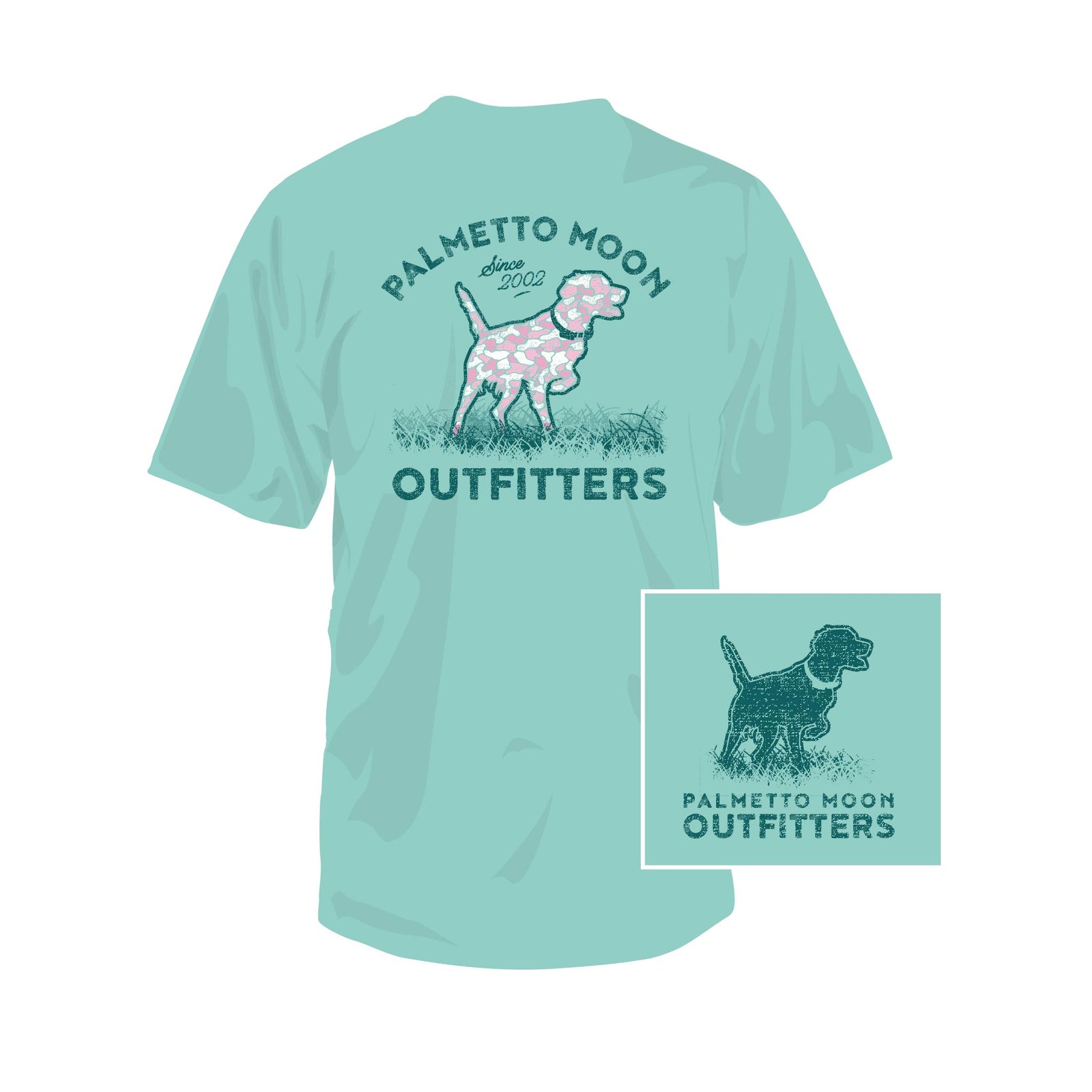 Mint green t-shirt with 'Palmetto Moon Outfitters' branding and a pink camo filled dog graphic on a white background.