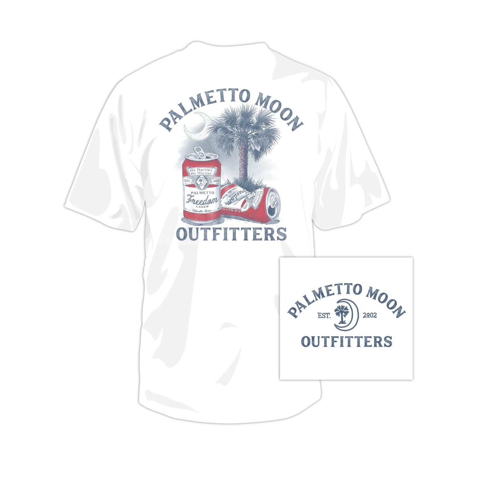 White t-shirt with 'Palmetto Moon Outfitters' text and beer can graphic on a white background
