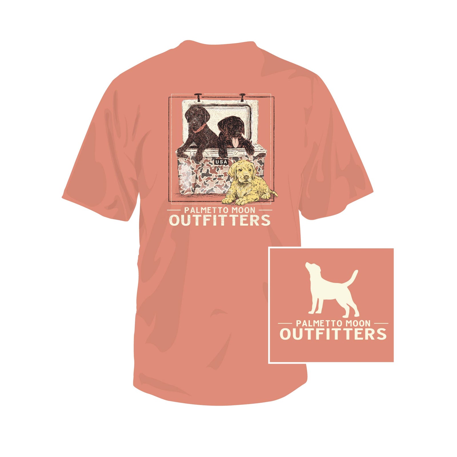 Coral t-shirt with dog graphic and 'Palmetto Moon Outfitters' branding and puppy and cooler graphic on a white background