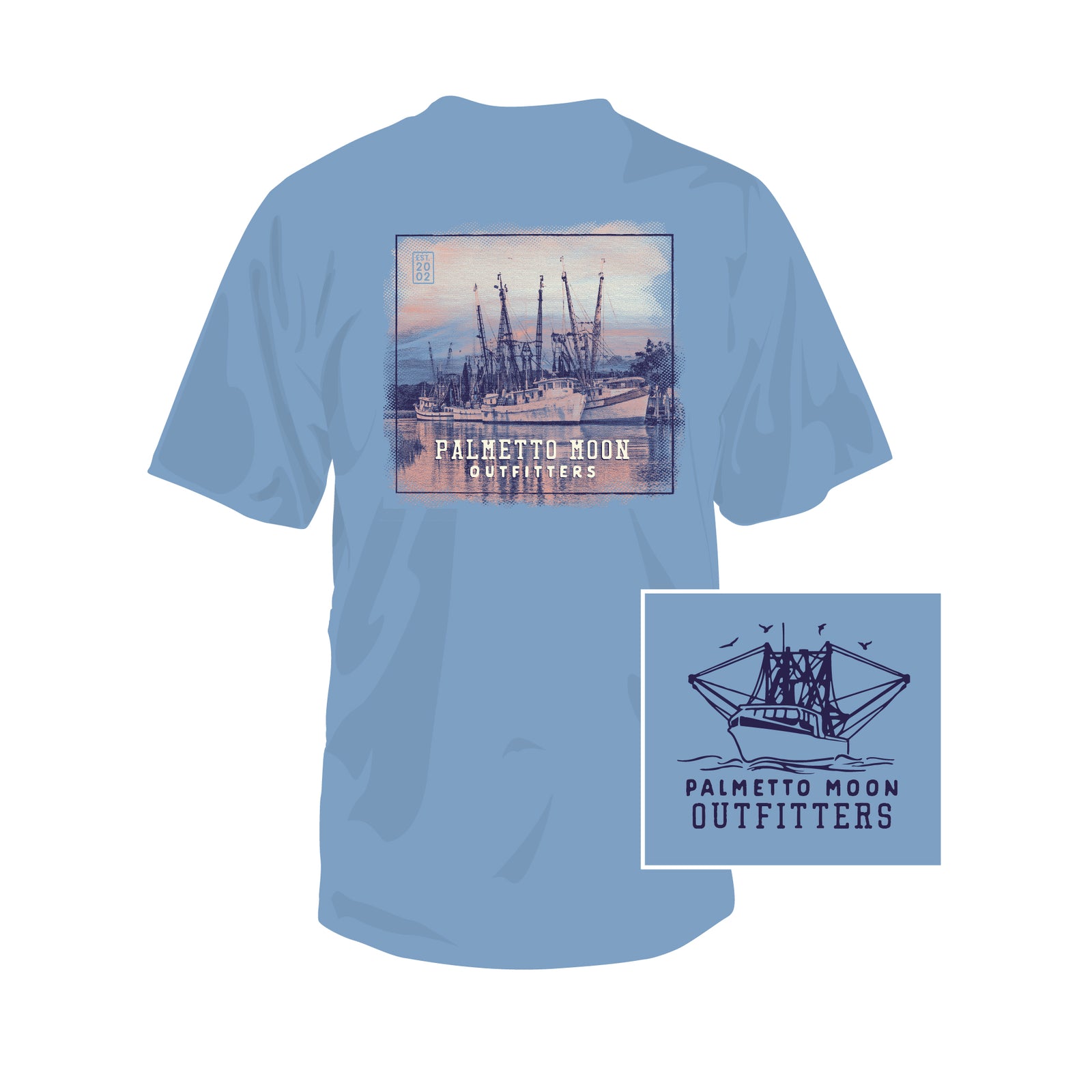 Light blue t-shirt with 'Palmetto Moon Outfitters' logo and sunset sailboat graphic shown on a white background