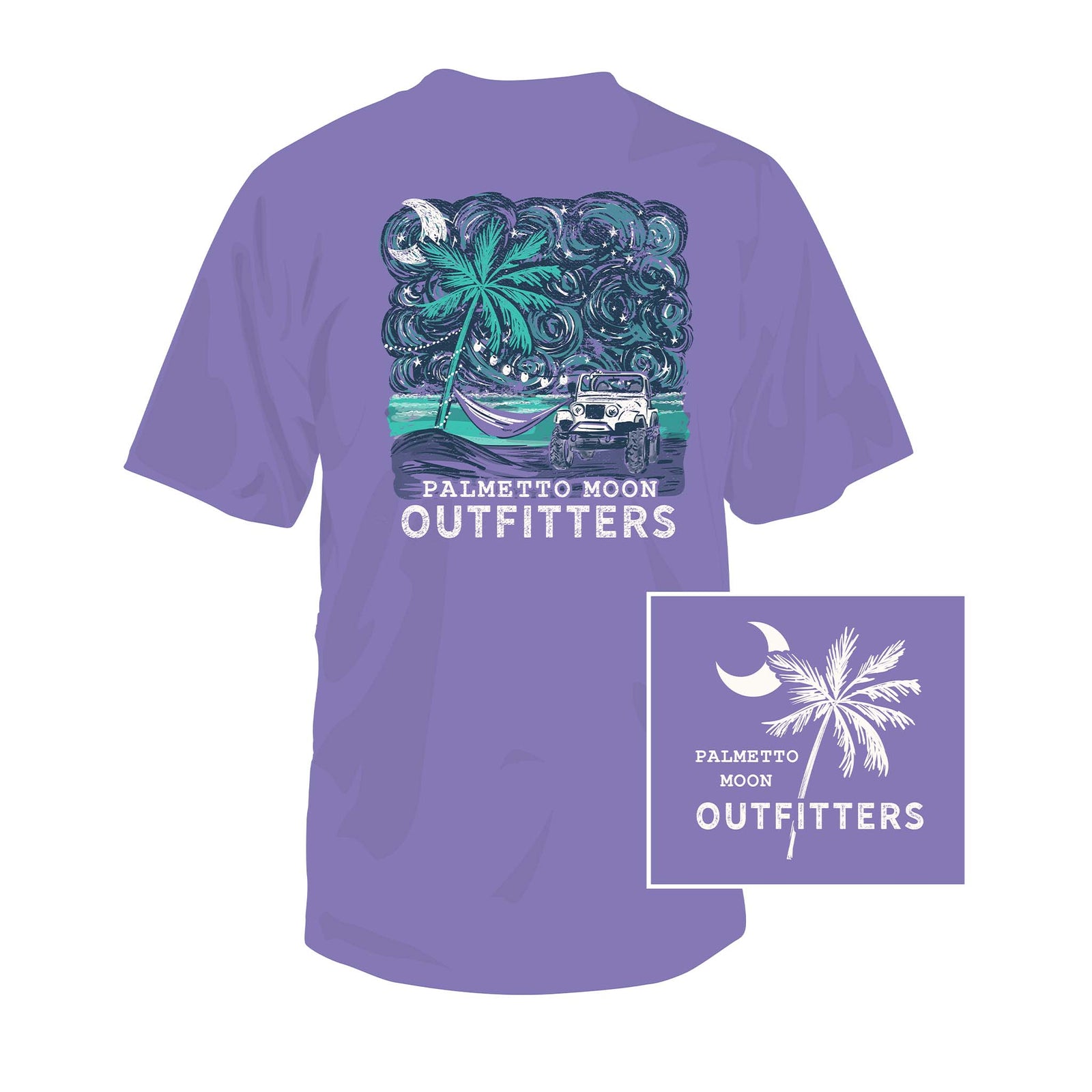 Purple t-shirt with beach themed graphic design and 'Palmetto Moon Outfitters' branding on a white background