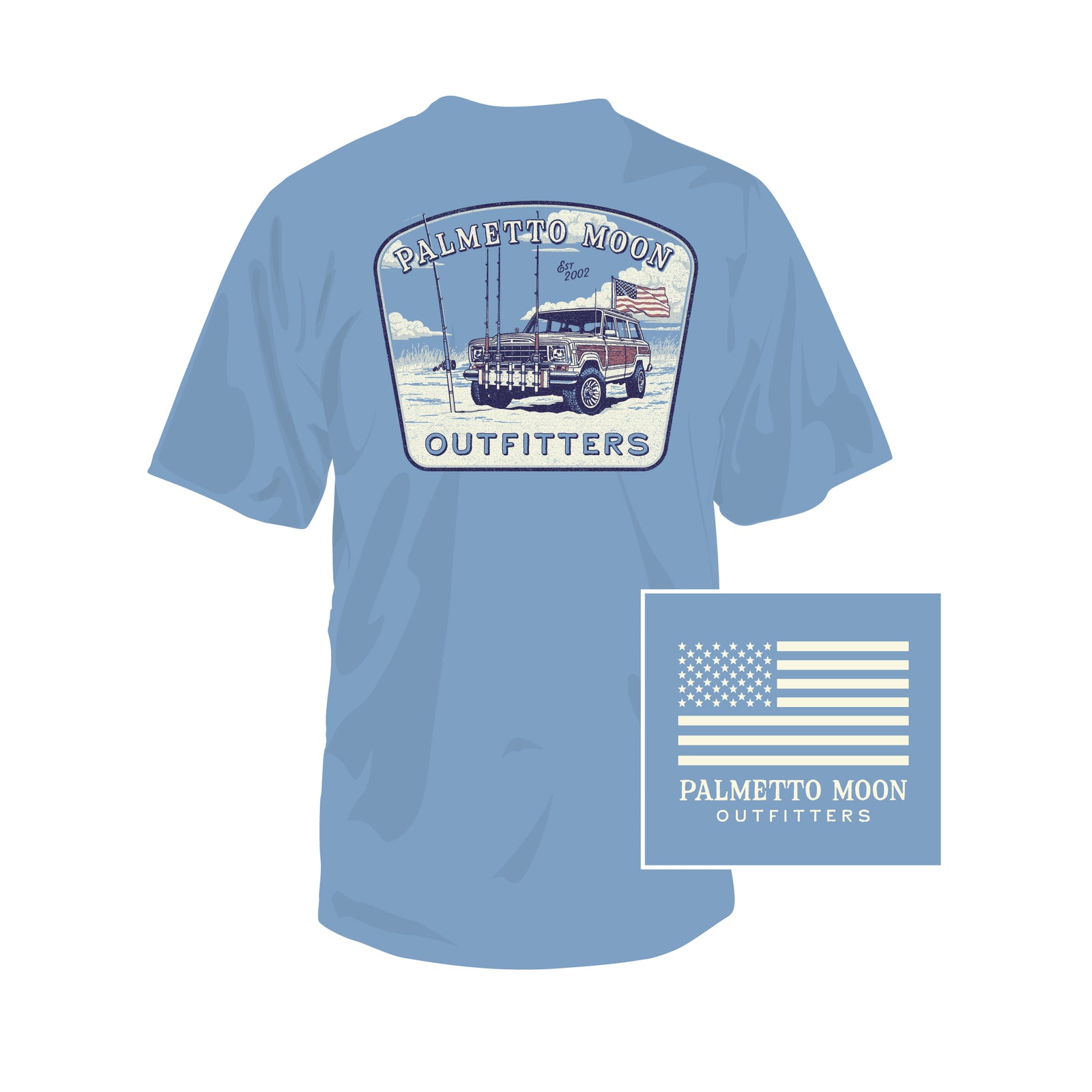 Light blue t-shirt with coastal graphic design and 'Palmetto Moon Outfitters' branding on a white background