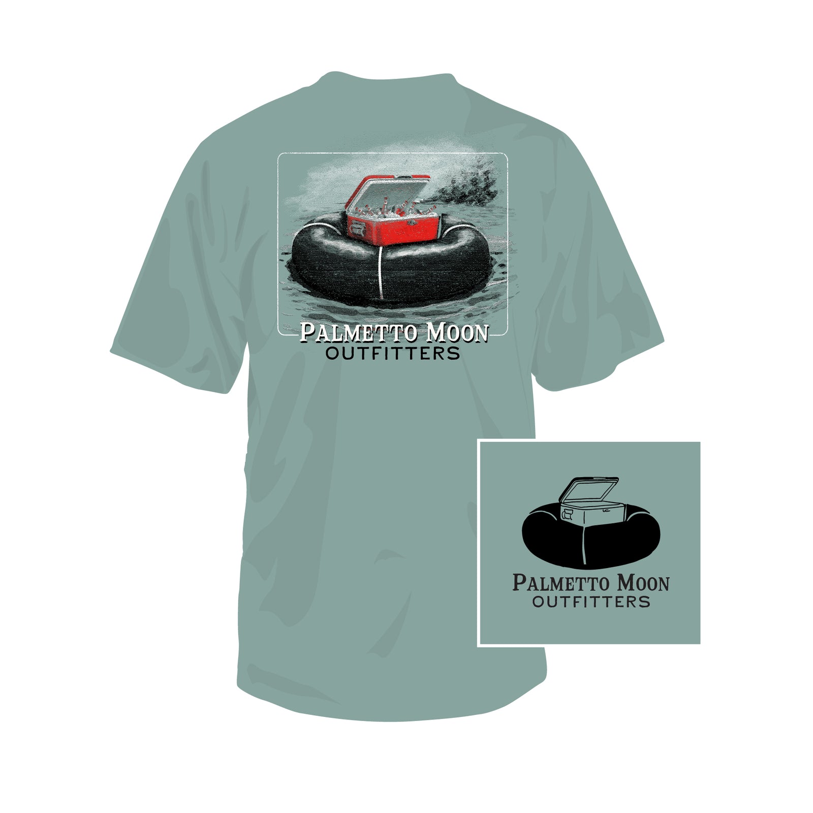 Light green t-shirt with 'Palmetto Moon Outfitters' logo and floating cooler and innertube graphic shown on a white background