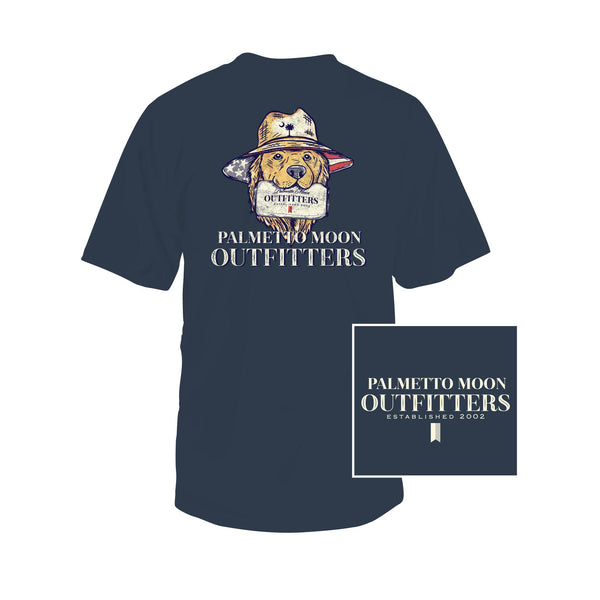 Navy blue t-shirt with a dog graphic and 'Palmetto Moon Outfitters' text on a white background.