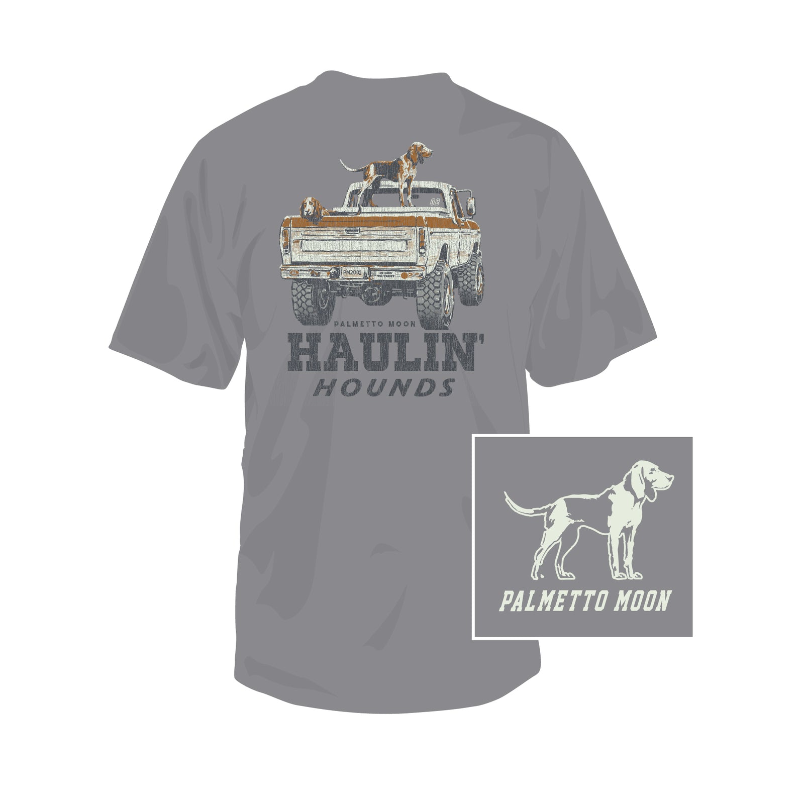 Gray t-shirt with graphic of a truck and dogs on the back, and 'Palmetto Moon' branding.