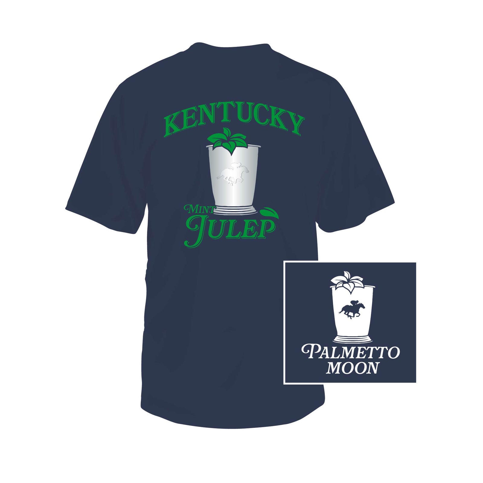 Navy blue t-shirt with 'Kentucky Mint Julep' design and Palmetto Moon logo on a white background
