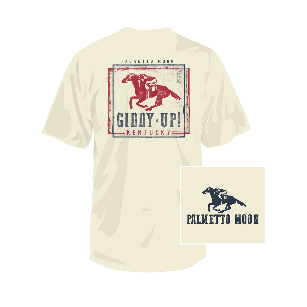 Beige t-shirt with horse graphic and text on a white background