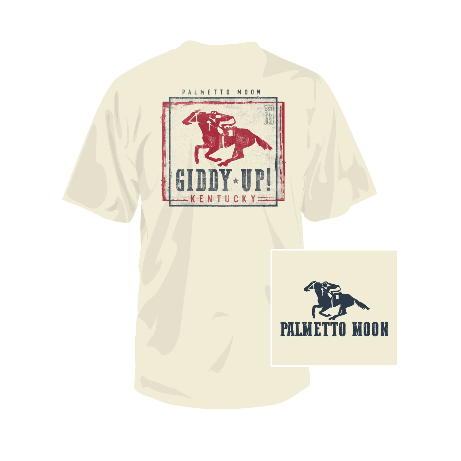 Beige t-shirt with horse graphic and text on a white background