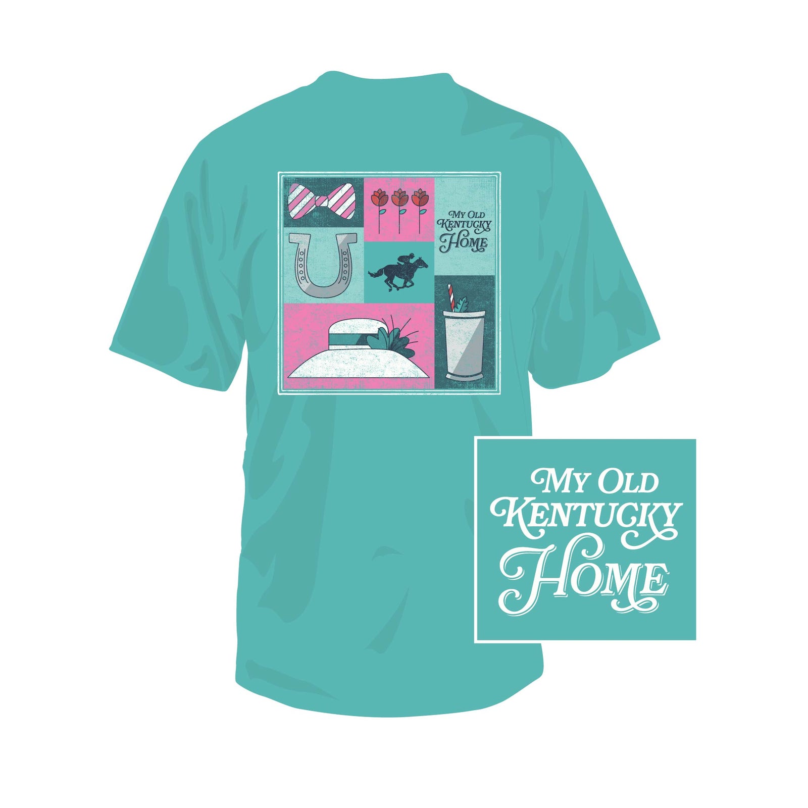 Teal t-shirt with graphic design and text on a white background