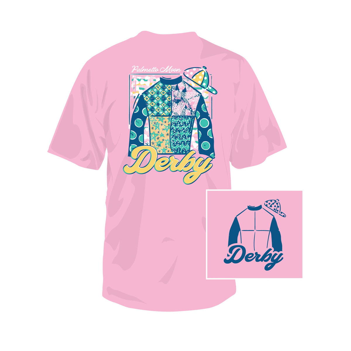 Pink t-shirt with 'Derby' design on a white background