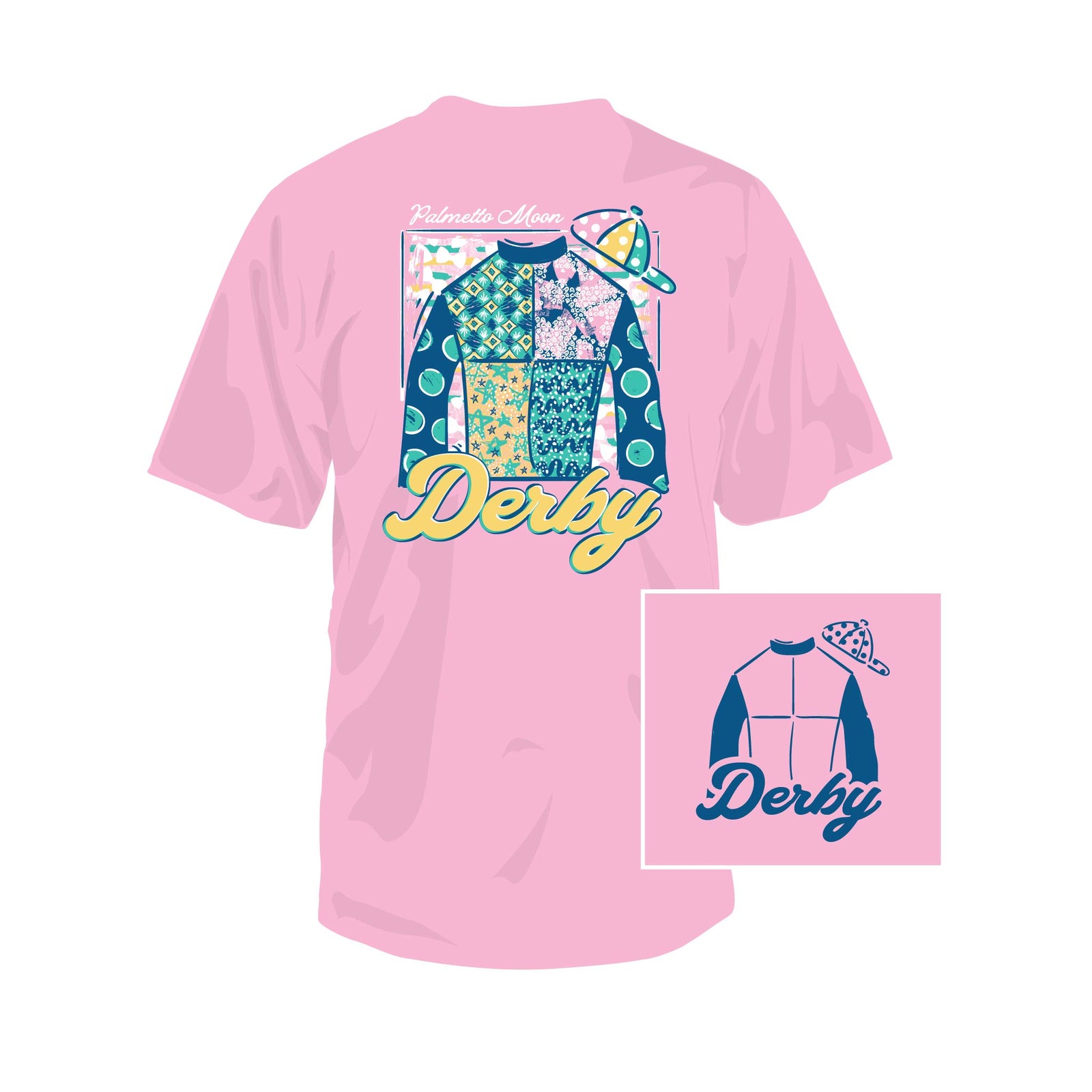Pink t-shirt with 'Derby' design on a white background