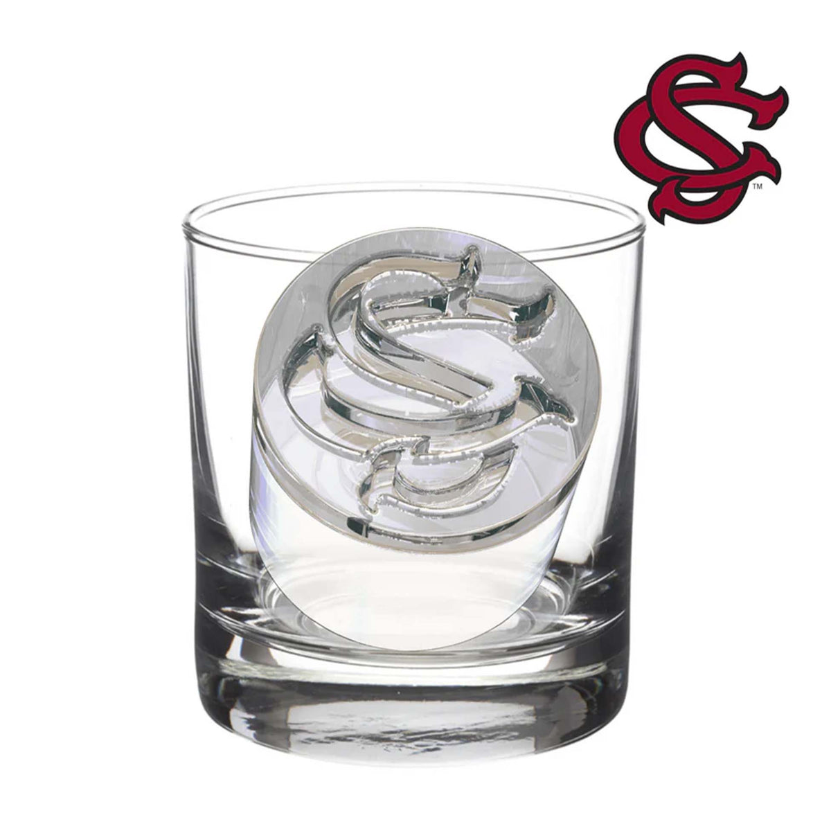 Clear glass with a molded ice cube featuring the South Carolina logo inside and the logo displayed in the top corner.