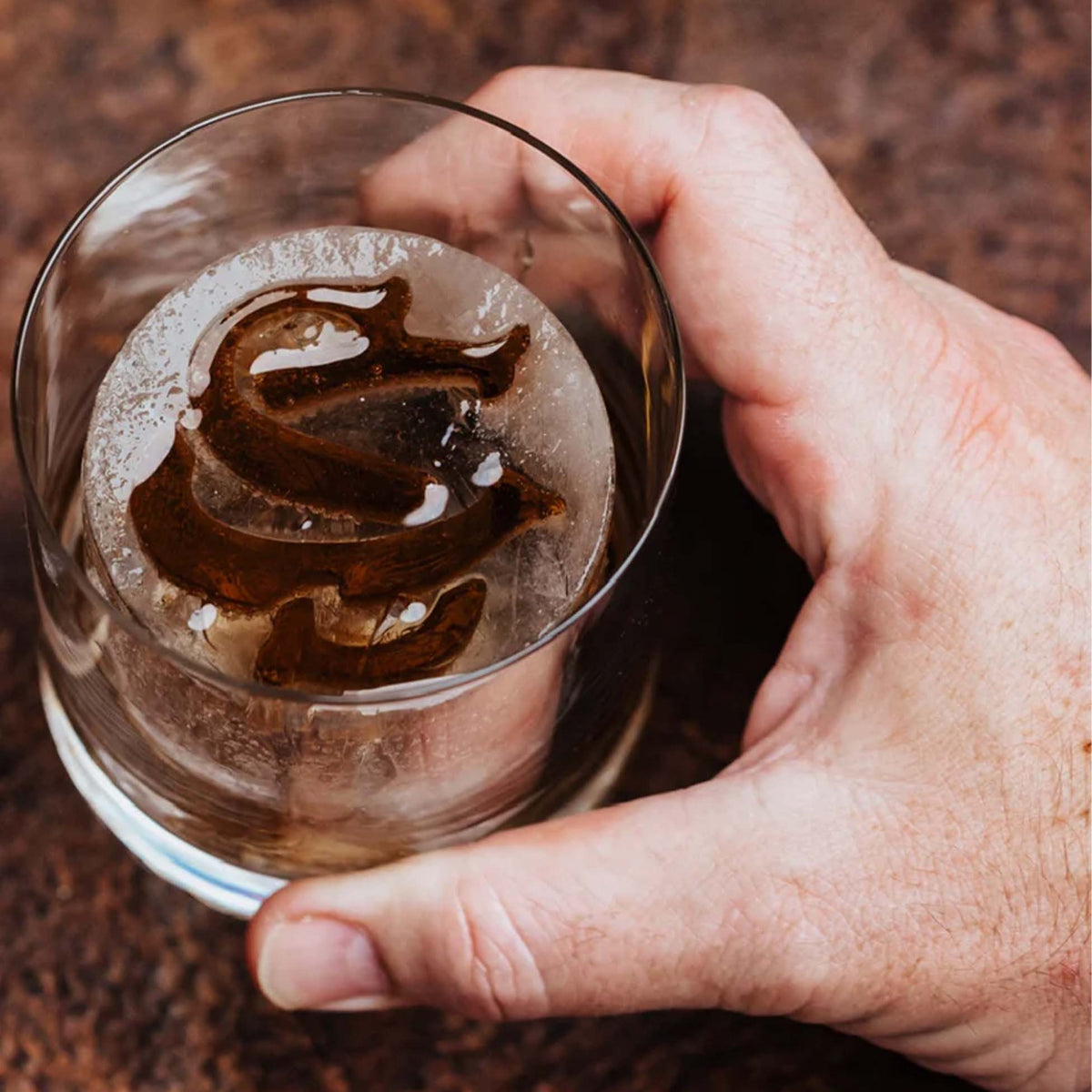 Hand holding a glass with a round ice cube embossed with the South Carolina logo, beverage being enjoyed.