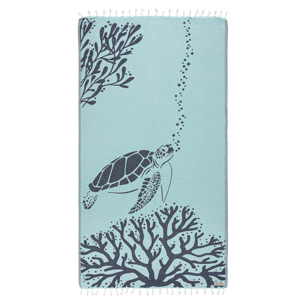 Aqua green Towel with a sea turtle swimming through coral shown on a white background.