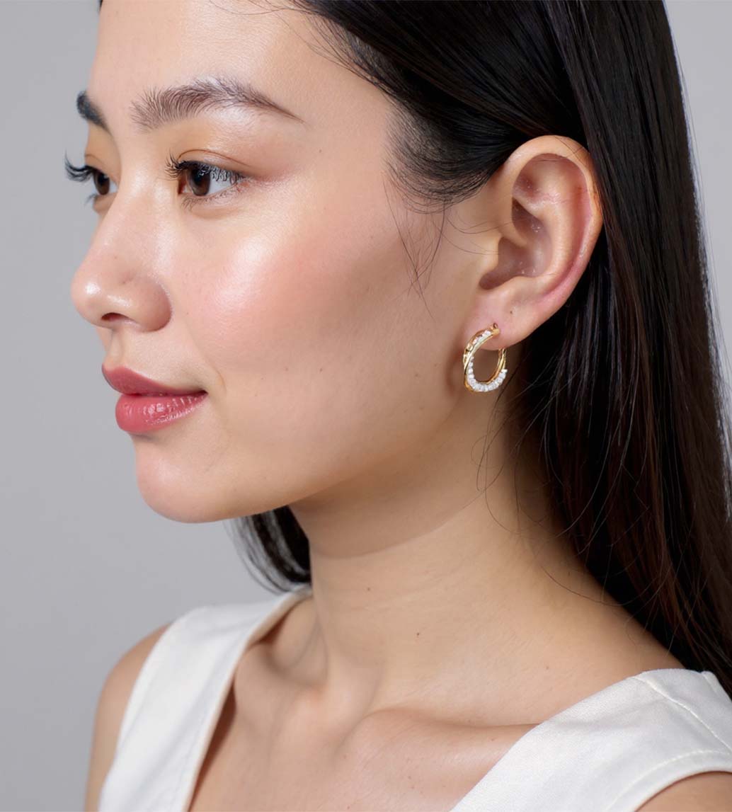Pearl and Gold Hoop Earrings with post back shown on model