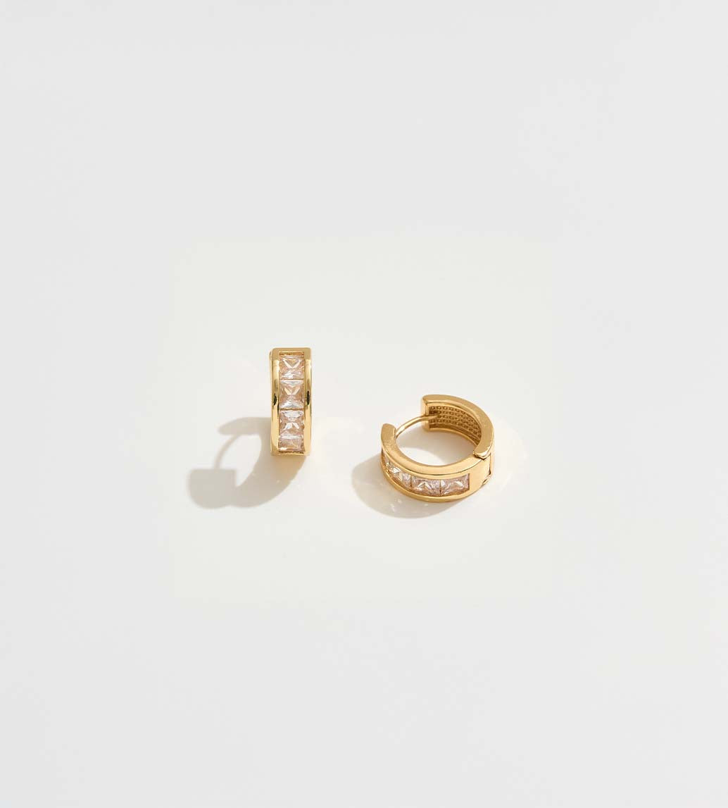 Gold and Diamond Hoop Earrings with square set stones and huggie style closure