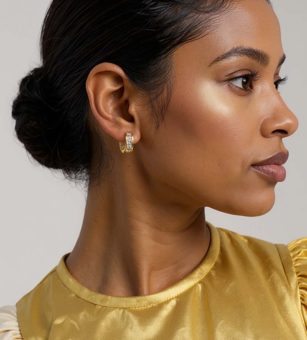 Gold and Diamond Hoop Earrings with square set stones and huggie style closure