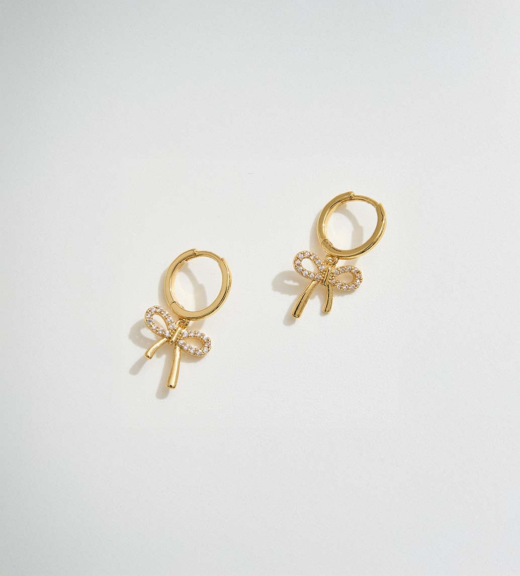 Gold and Diamond Bow Drop Earrings