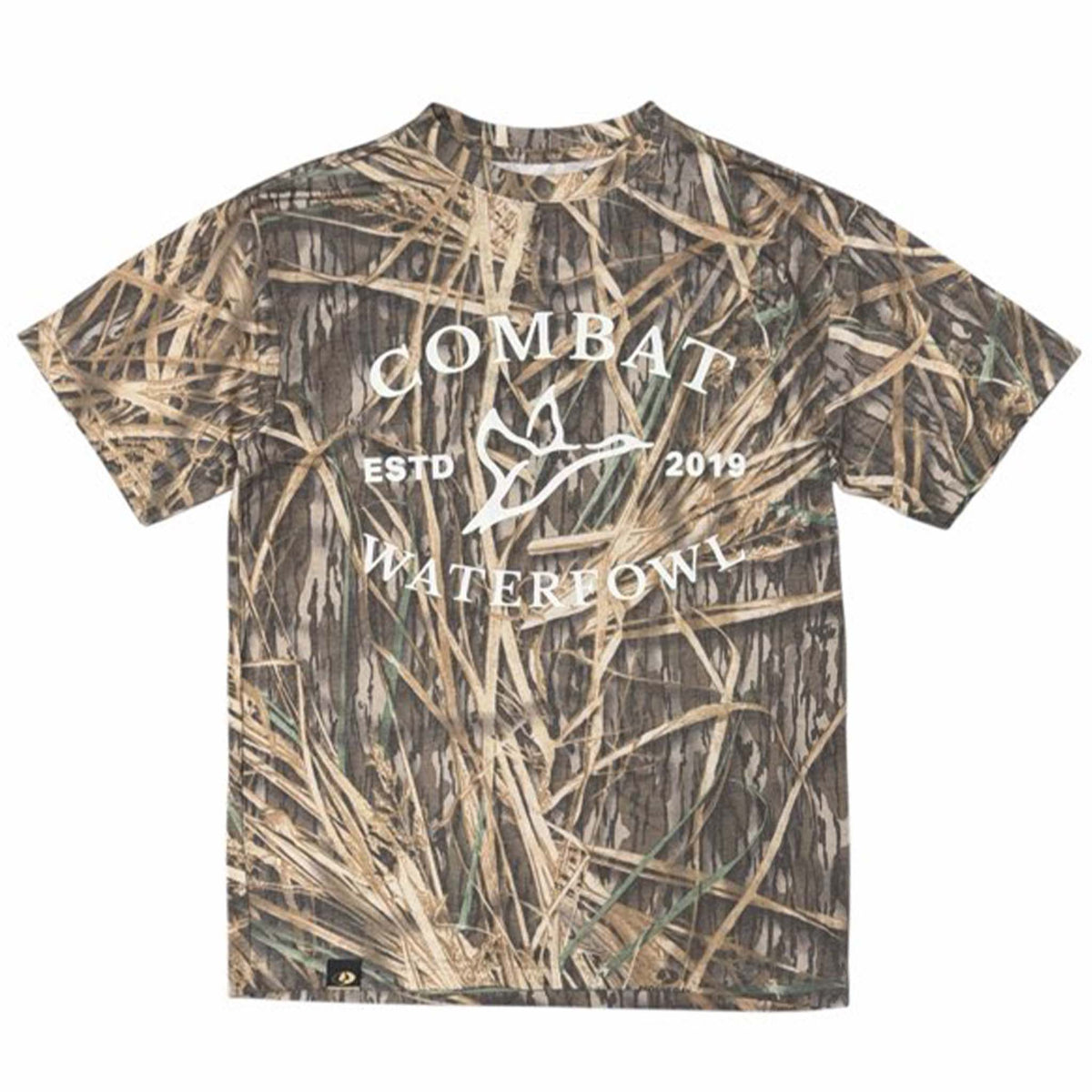 Shadowgrass camo short sleeve t-shirt with white 'Combat Waterfowl' logo shown on a white background