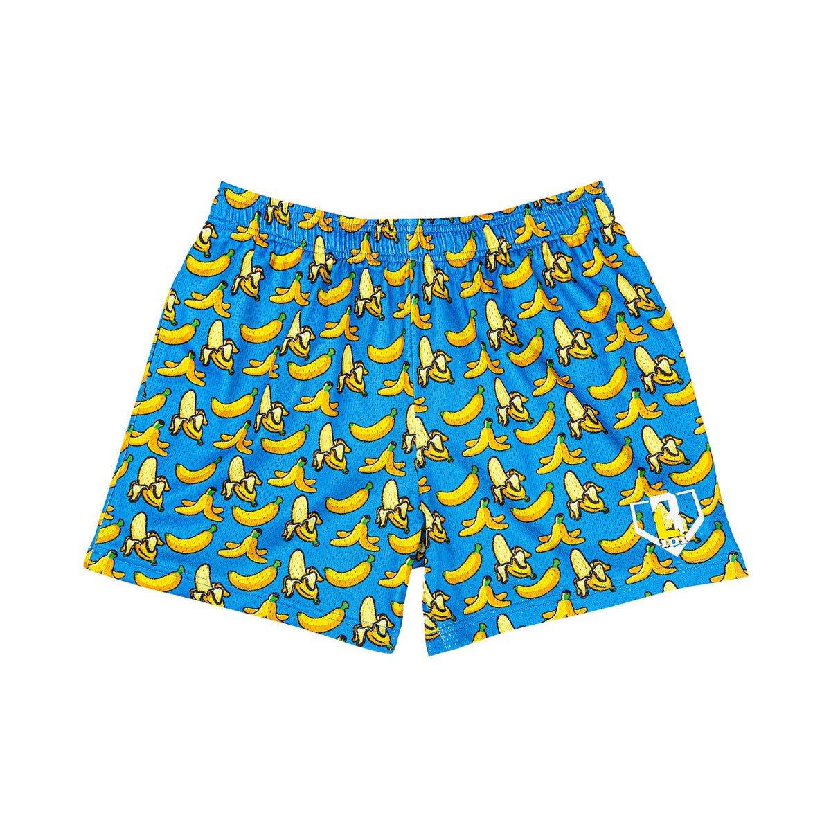 Front view of blue shorts covered in a repeating yellow banana and banana peel print, with a white Baseball Lifestyle logo on the left leg.