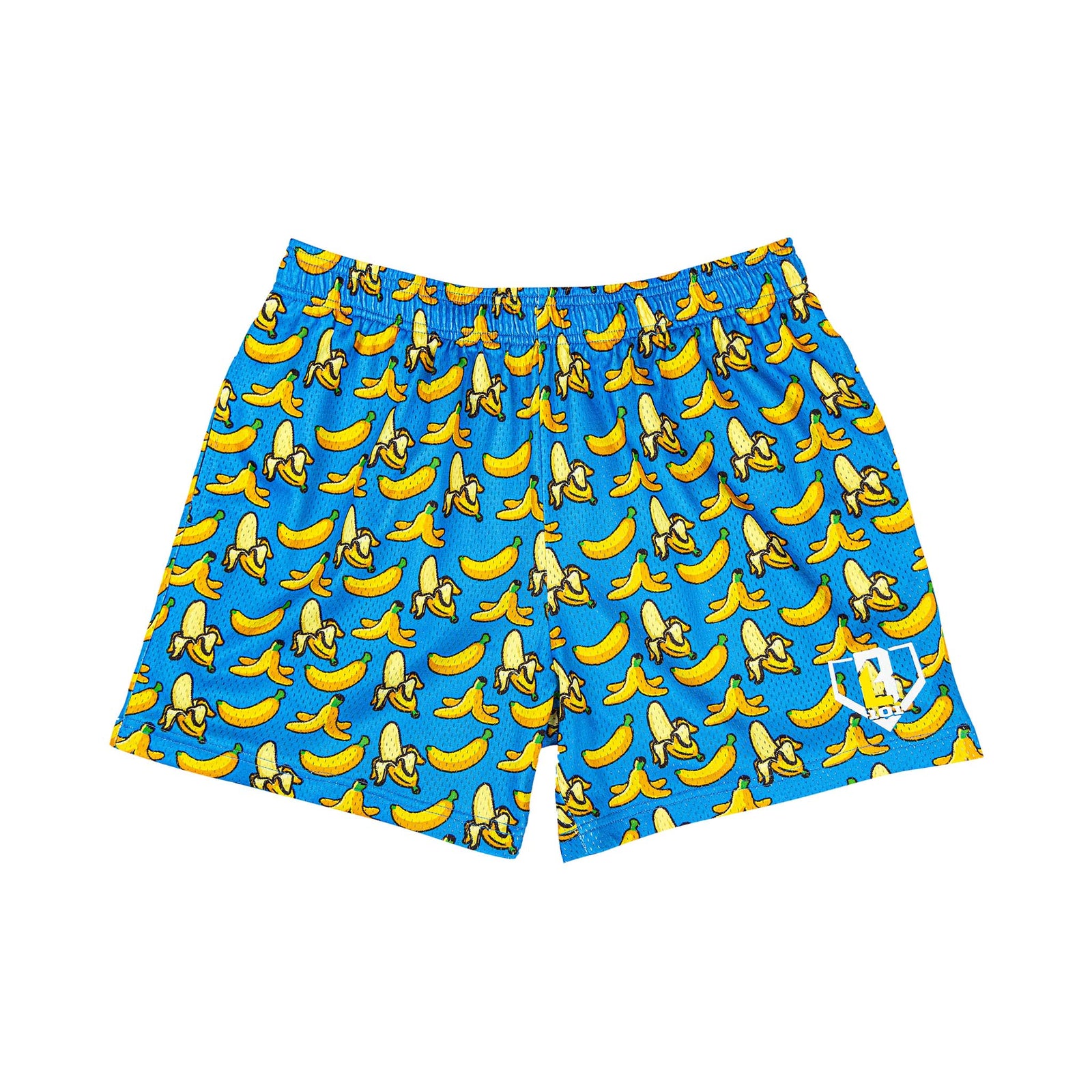 Front view of blue shorts covered in a repeating yellow banana and banana peel print, with a white Baseball Lifestyle logo on the left leg.