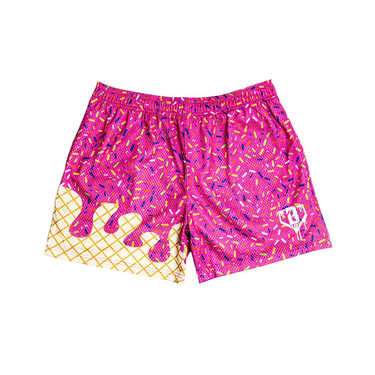 Front view of pink shorts with colorful sprinkles and yellow waffle cone detail along the bottom, with a white Baseball Lifestyle logo.