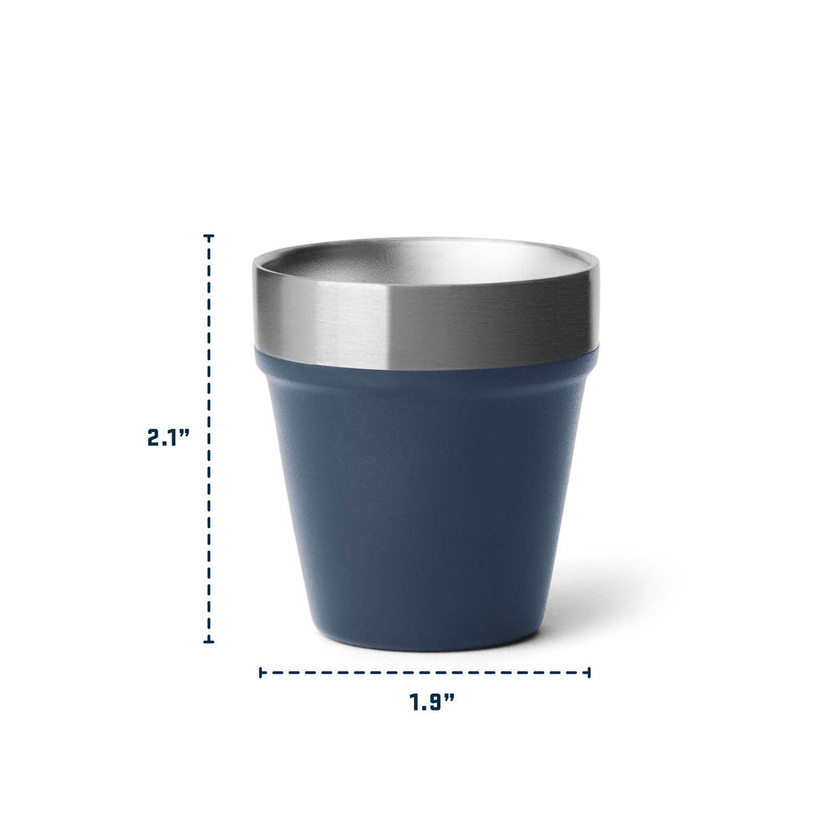 Front view of a navy YETI shot glass with a wide stainless-steel rim, shown with dimensions 2.1 inches tall and 1.9 inches wide.