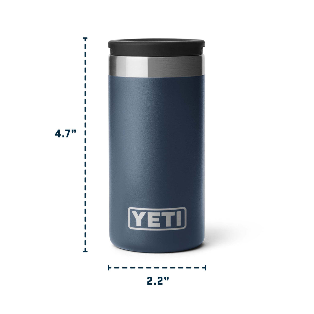 Front view of a navy YETI canister with stainless steel rim and black lid, shown with dimensions 4.7 inches tall and 2.2 inches wide.