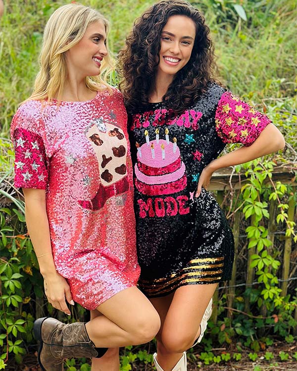 two woman posing in simply southern sequin dresses