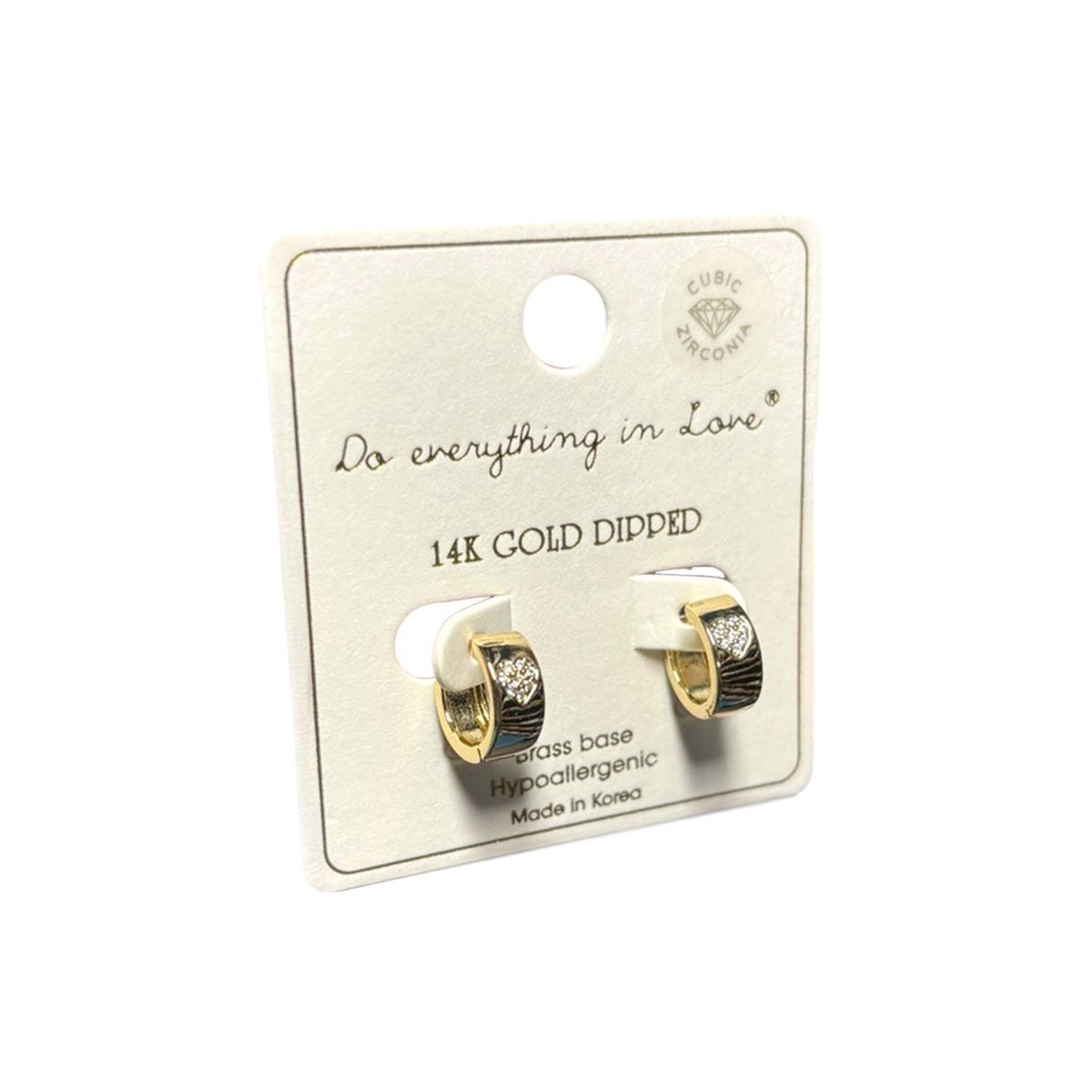 Gold-dipped heart huggie earrings displayed on branded card labeled “Do everything in Love” with product details.