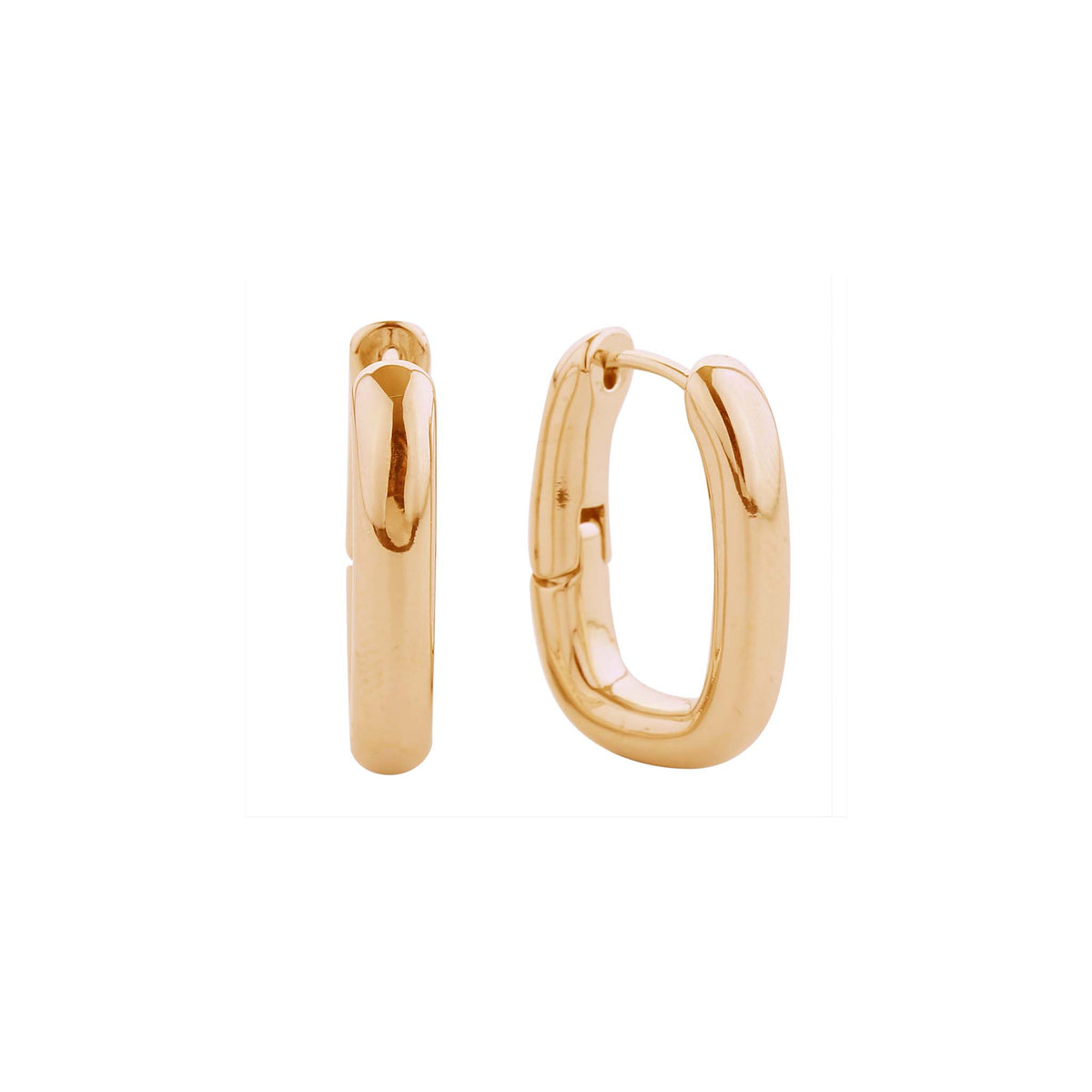 Pair of oval-shaped gold huggie hoop earrings with a smooth, polished finish.