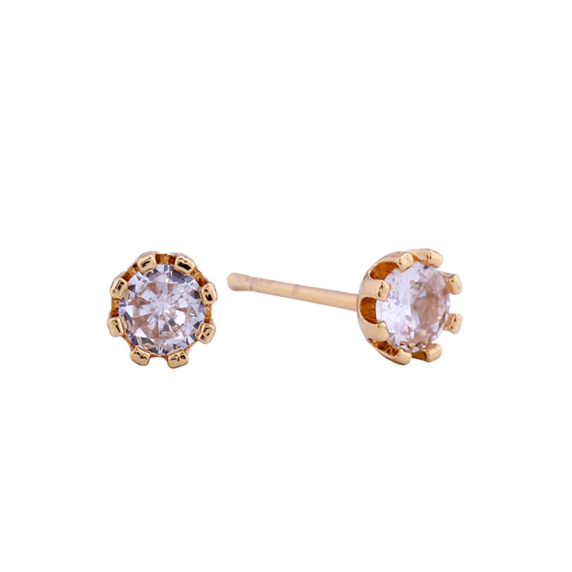 Do Everything In Love Diamond Stud Earrings, Pair of gold stud earrings with a single round clear crystal in a six-prong setting, shown on a white background.