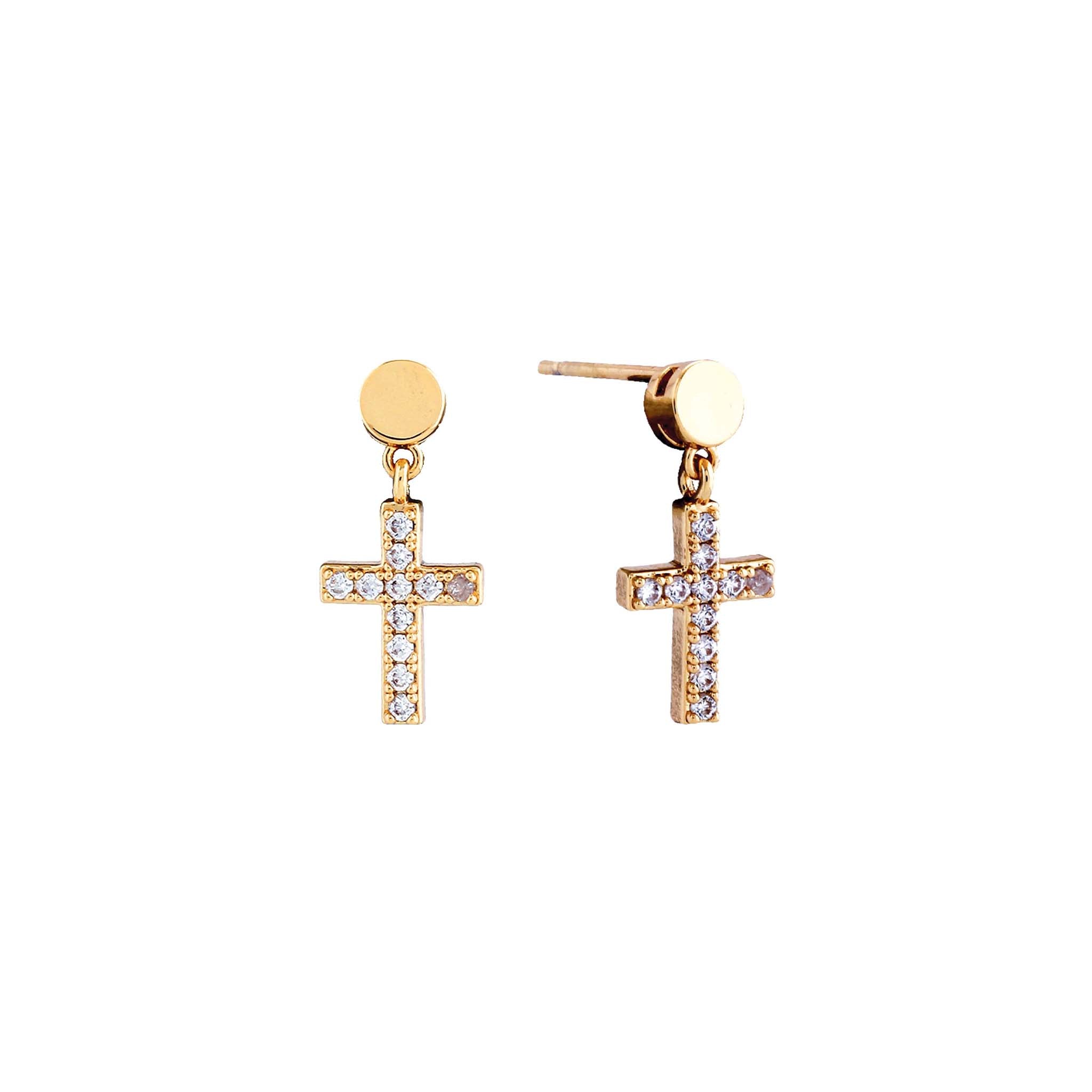 Gold and Crystal Cross Dangle Earrings