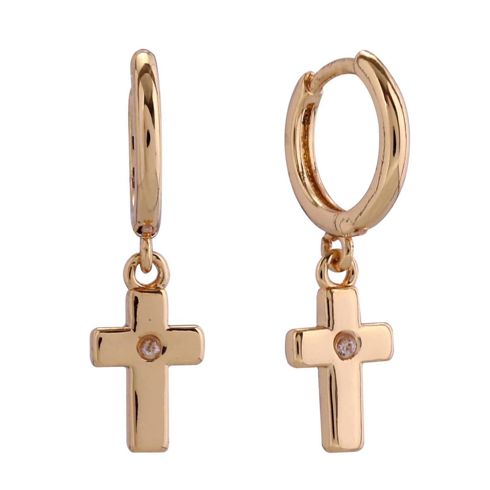 Do Everything In Love Gold Cross Huggie Earrings, These hoop earrings feature small hanging crosses with a subtle crystal center. A bold yet graceful piece that blends faith with fashion.