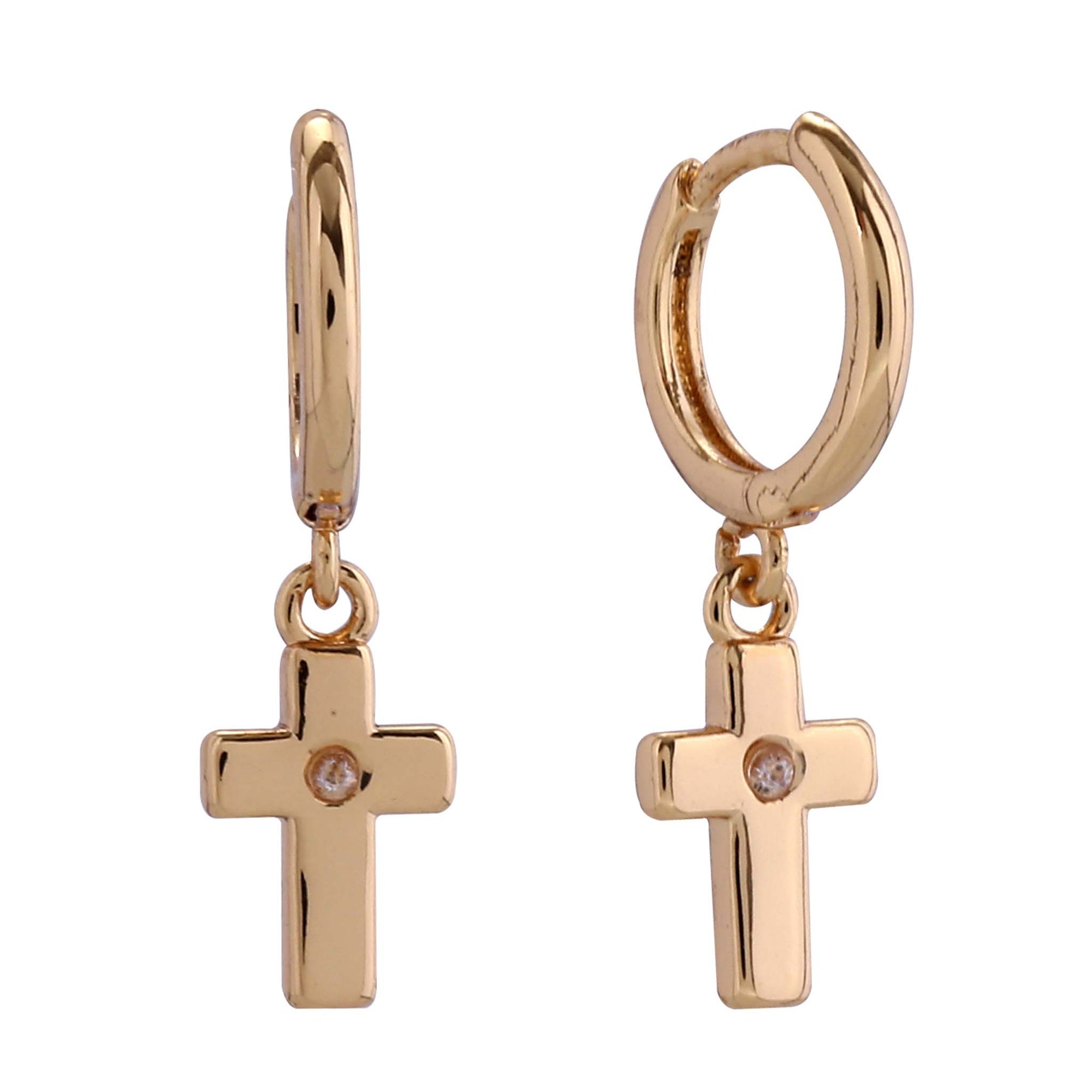 Do Everything In Love Gold Cross Huggie Earrings, These hoop earrings feature small hanging crosses with a subtle crystal center. A bold yet graceful piece that blends faith with fashion.
