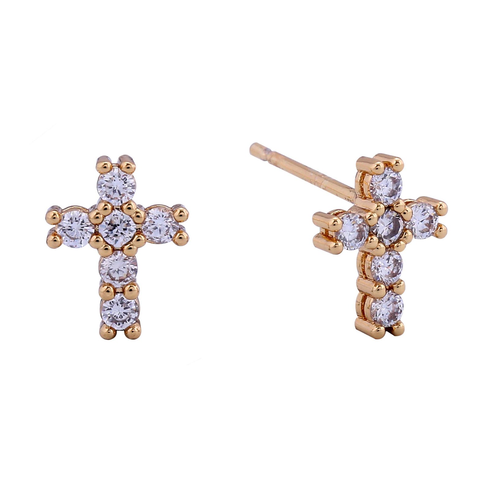 Do everything in love Diamond Cross Stud Earrings, Pair of gold cross-shaped stud earrings adorned with small round clear crystals, displayed on a white background.