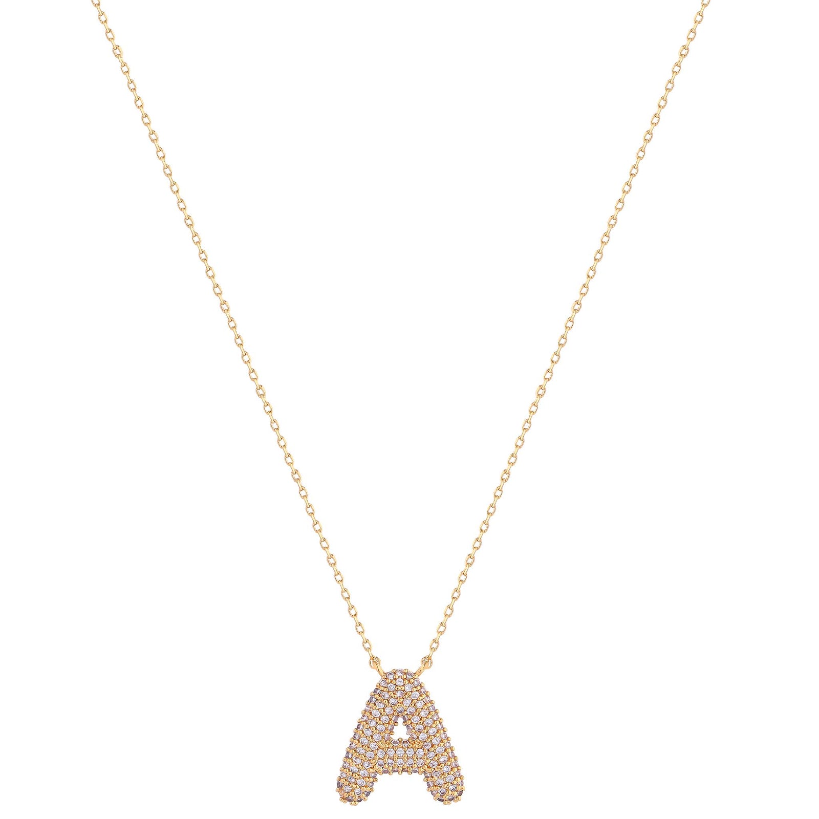 Imitation Gold Necklace with sparkly imitation diamonds adorning initial A charm. Adjustable closure.