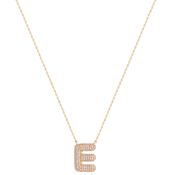 Imitation Gold Necklace with sparkly imitation diamonds adorning initial E charm. Adjustable closure.
