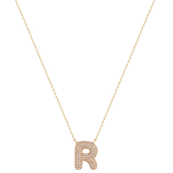 Imitation Gold Necklace with sparkly imitation diamonds adorning initial R charm. Adjustable closure.