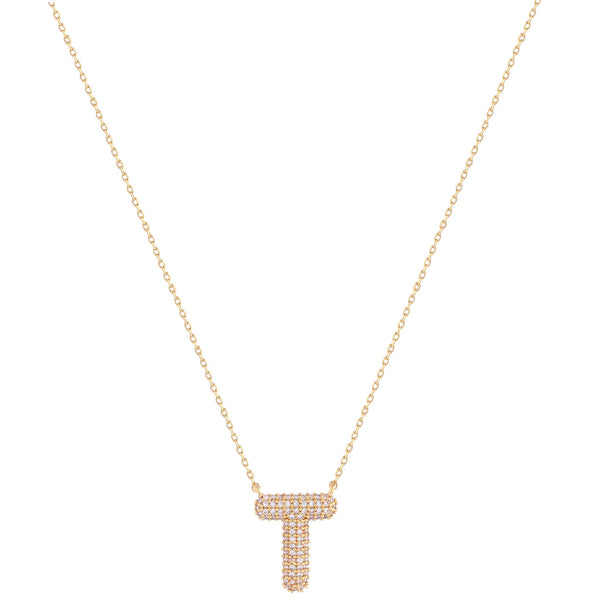 Imitation Gold Necklace with sparkly imitation diamonds adorning initial T charm. Adjustable closure.