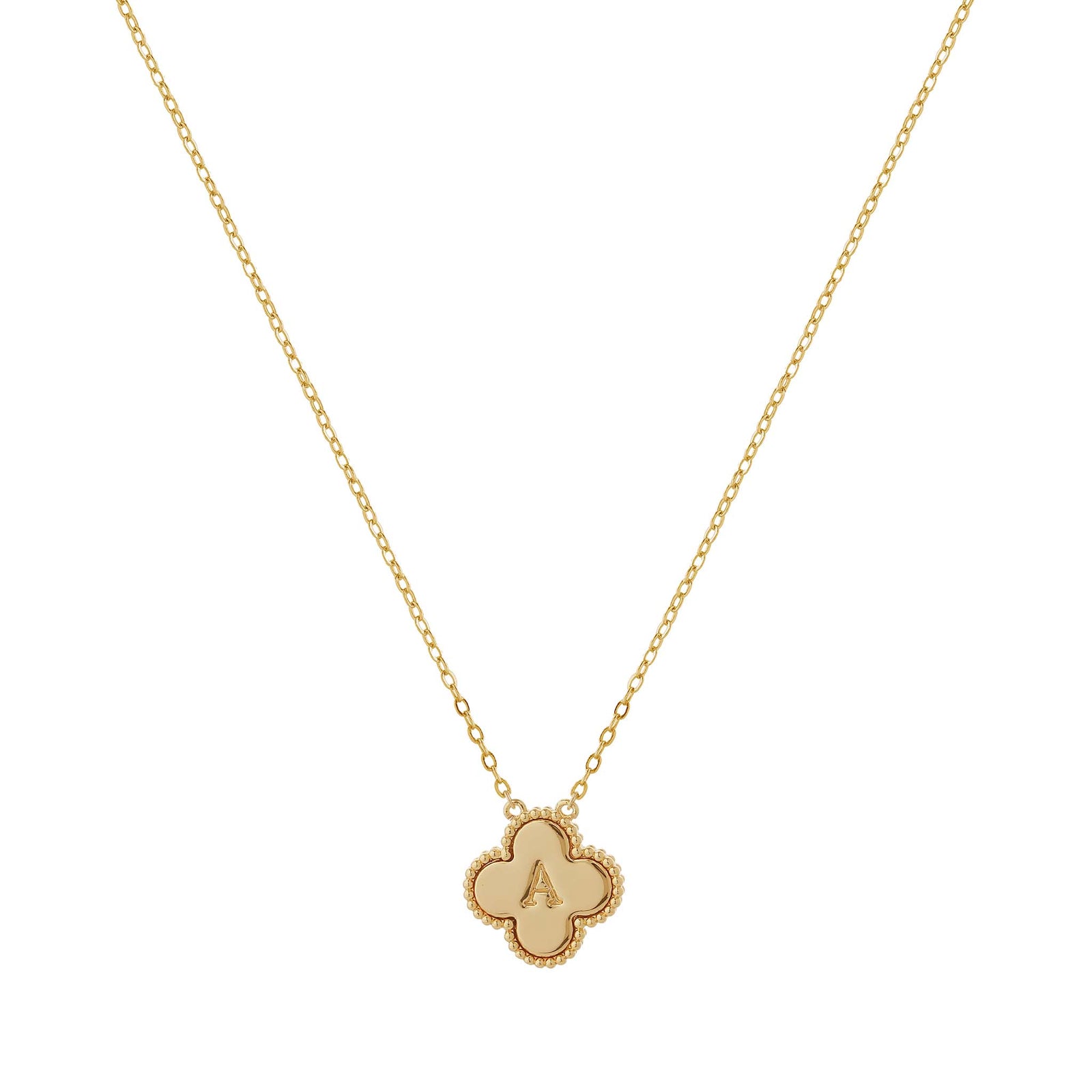 Do Everything In Love Clover Initial Necklace, letter A. Gold necklace with a delicate chain and a clover-shaped pendant featuring the letter "A" engraved in the center, outlined with a beaded edge.