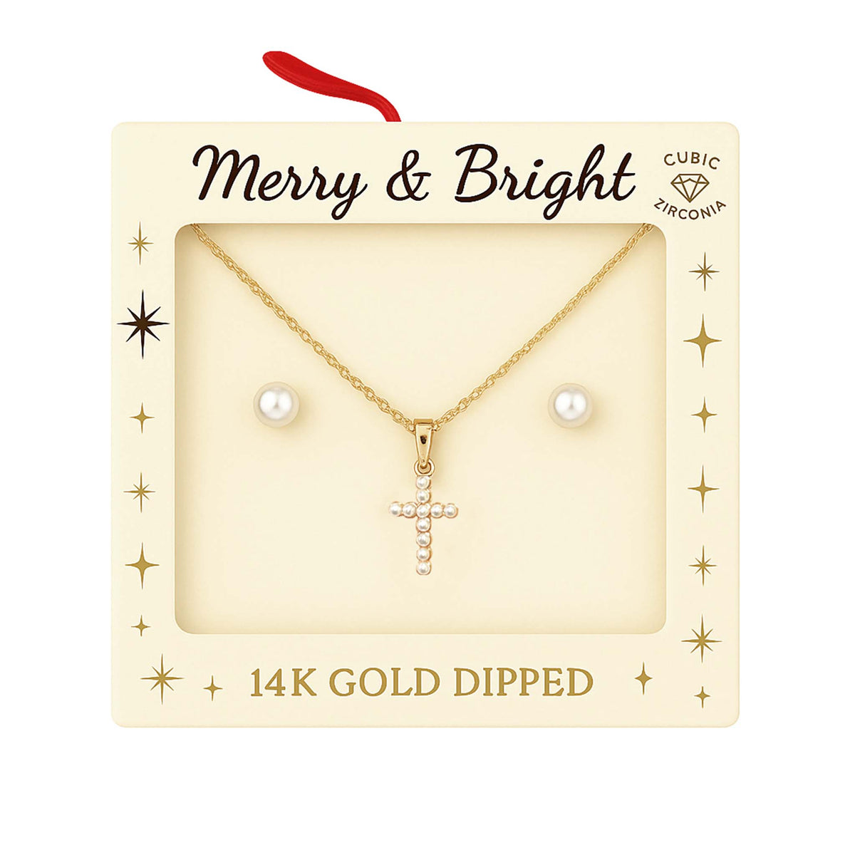 Gold cross necklace with cubic zirconia and pearl stud earrings displayed in a cream ‘Merry & Bright’ gift box labeled 14K gold dipped.