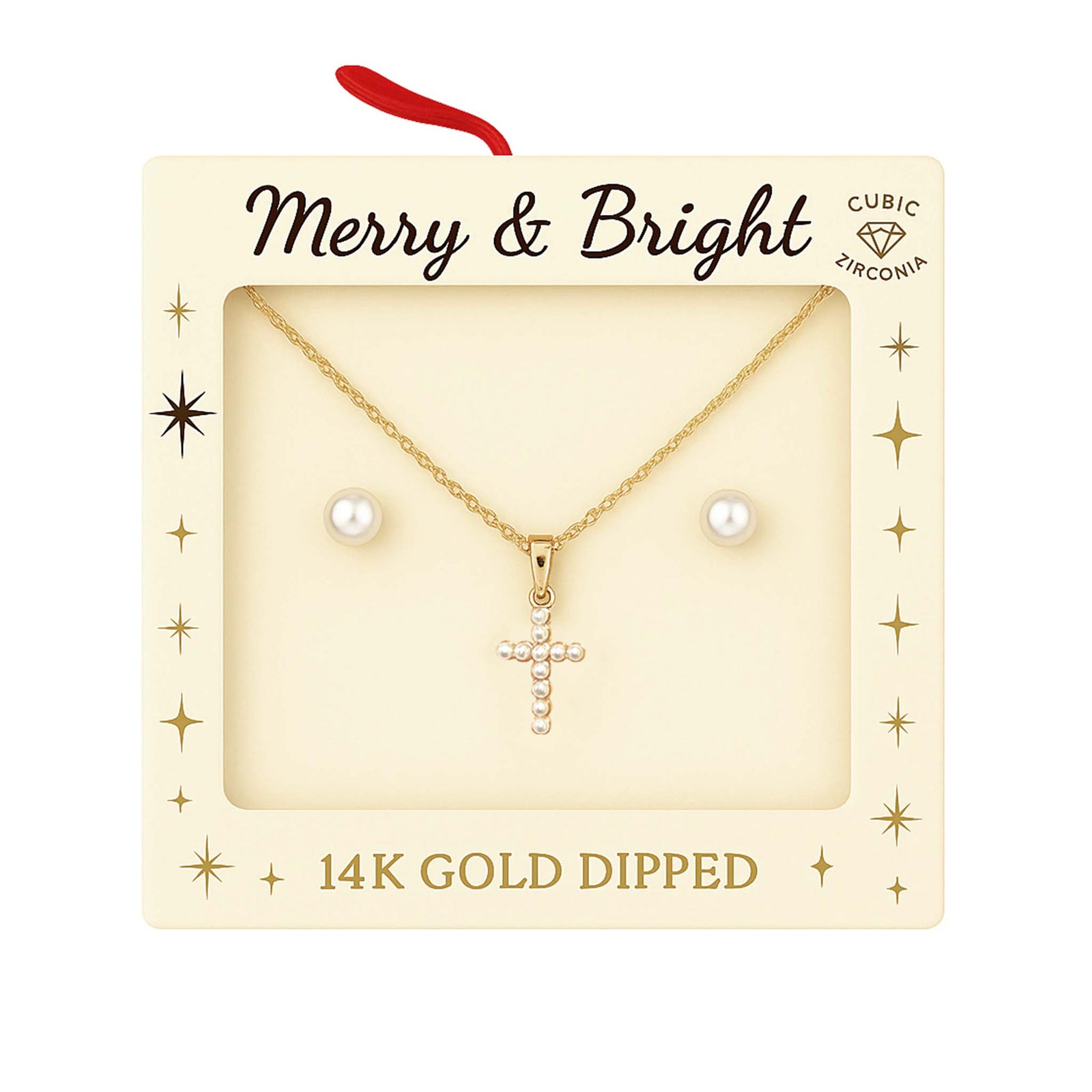 Gold cross necklace with cubic zirconia and pearl stud earrings displayed in a cream ‘Merry & Bright’ gift box labeled 14K gold dipped.
