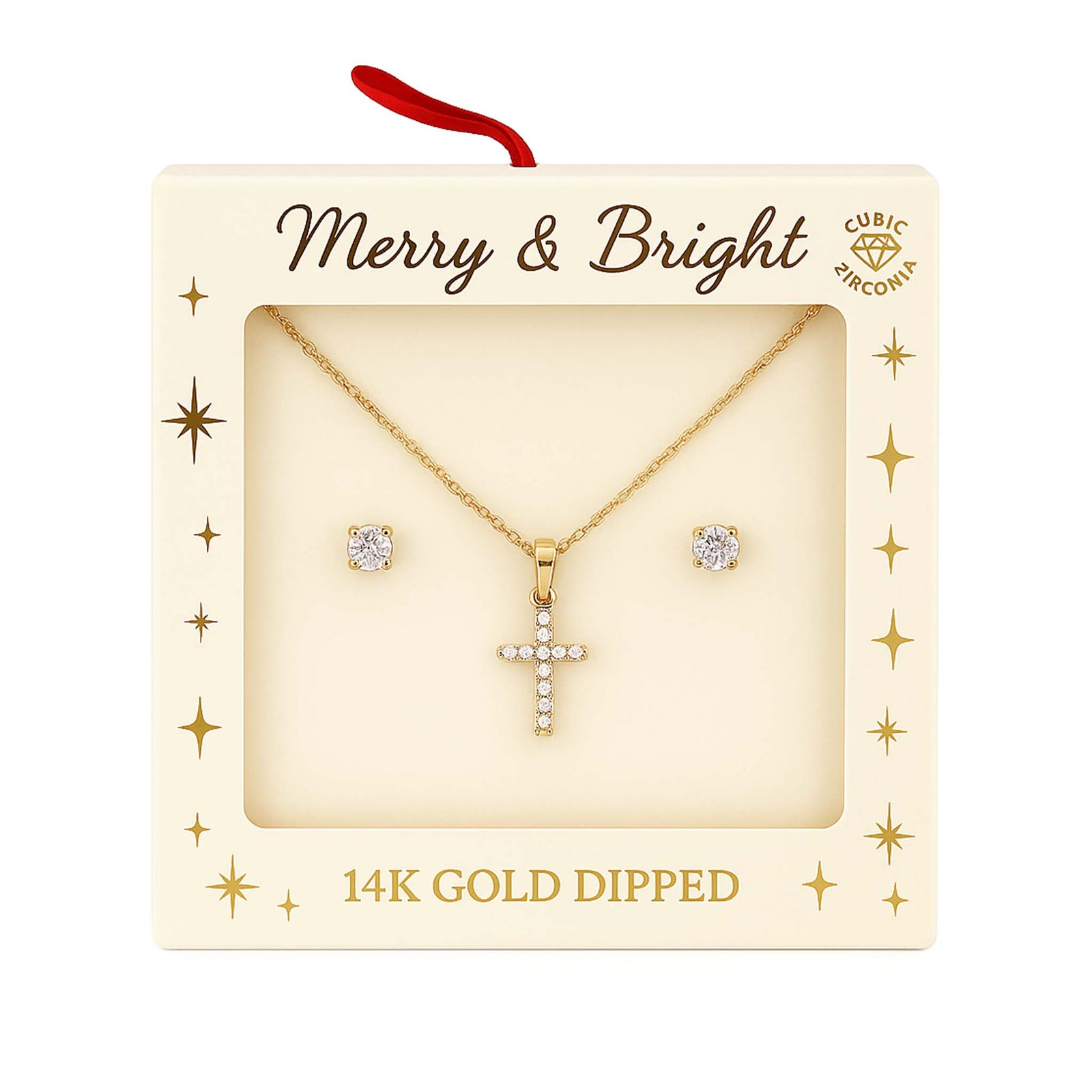 Gold cross necklace with cubic zirconia and matching CZ stud earrings displayed in a cream ‘Merry & Bright’ 14K gold-dipped gift box.