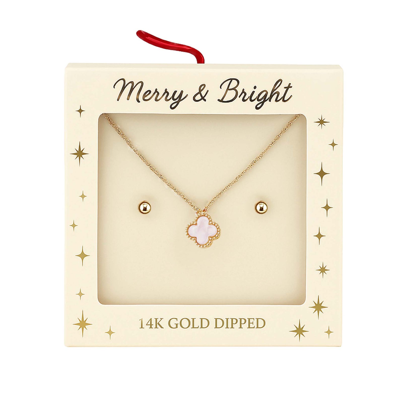 Cream ‘Merry & Bright’ gift box displaying a gold necklace with pink clover pendant and matching gold ball stud earrings labeled 14K gold dipped.